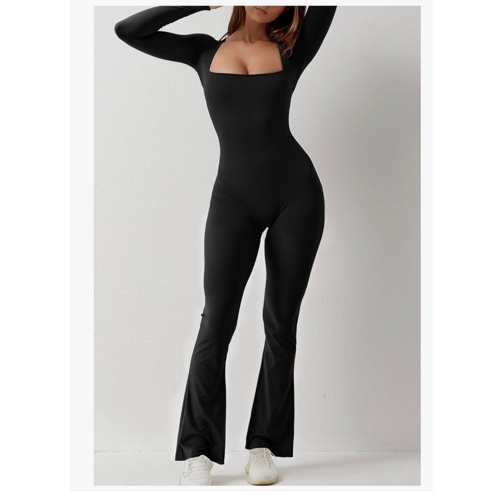 Qinsen Black Jumpsuit Sz XL Square Neck Wide Leg‎ Full Length Pilates NWT  Comfy